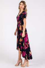 Navy Blue Floral Print Wrap Front V-Neck Hi-Low Midi Dress