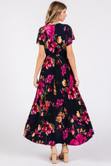 Navy Blue Floral Print Wrap Front V-Neck Hi-Low Midi Dress