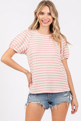 Light Pink Striped Textured Puff Sleeve Maternity Top