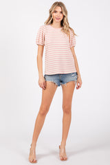 Light Pink Striped Textured Puff Sleeve Top