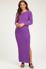 Purple Ribbed Long Sleeve Side Slit Maternity Maxi Dress