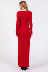 Red Ribbed Long Sleeve Side Slit Maxi Dress