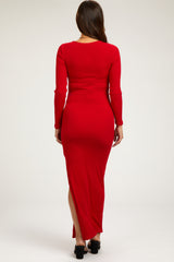 Red Ribbed Long Sleeve Side Slit Maternity Maxi Dress