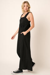 Black Ruffle Trim Back Tie Jumpsuit