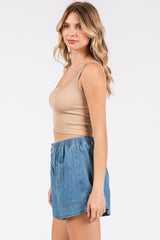 Blue Elastic Waist Denim Shorts