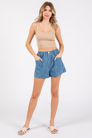 Blue Elastic Waist Denim Shorts