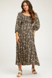 Black Floral Smocked Half Sleeve Maternity Midi Dress