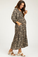 Black Floral Smocked Half Sleeve Maternity Midi Dress