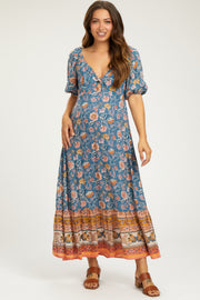 Blue Floral Front Twist Maternity Midi Dress