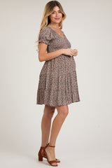 Charcoal Floral Smocked Puff Sleeve Maternity Dress