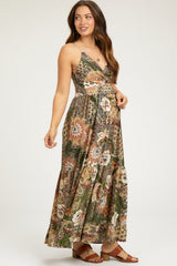 Olive Floral Paisley Front Twist Maternity Maxi Dress