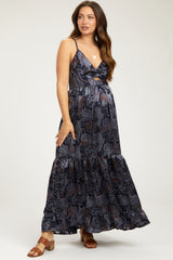 Navy Printed Front Twist Maternity Maxi Dress