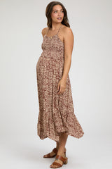 Brown Print Smocked Sleeveless Maternity Midi Dress