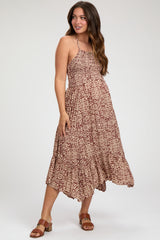 Brown Print Smocked Sleeveless Maternity Midi Dress