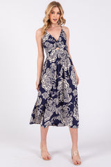 Navy Floral Front Twist Maternity Midi Dress