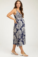 Navy Floral Front Twist Maternity Midi Dress