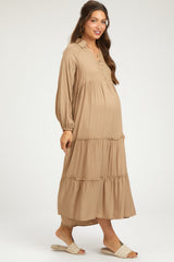 Taupe Button Front V-Neck Ruffle Tiered Maternity Midi Dress