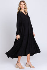 Black Button Front V-Neck Ruffle Tiered Midi Dress