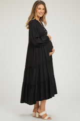 Black Button Front V-Neck Ruffle Tiered Maternity Midi Dress