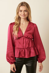 Rose Satin V Neck Peplum Tier Blouse