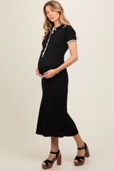 Black Ribbed Knit Collared Button Front Maternity Dress