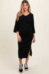 Black V-Neck Knit Maternity Skirt Set