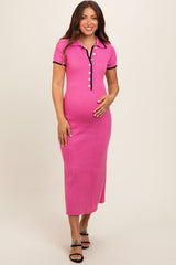 Pink Ribbed Knit Collared Button Front Maternity Dress