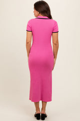 Pink Ribbed Knit Collared Button Front Maternity Dress