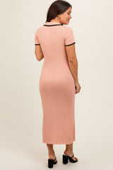 Peach Ribbed Knit Collared Button Front Maternity Dress