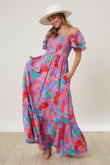 Pink Smocked Ruffle Sleeve Maternity Maxi Dress