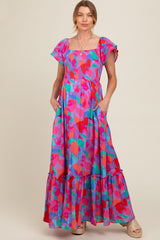 Pink Smocked Ruffle Sleeve Maternity Maxi Dress