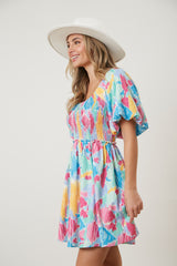 Mint Multi Color Print Smocked Dress