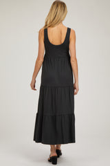 Black Sleeveless Scoop Back Tiered Maternity Maxi Dress