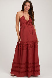 Rust Ruffle Ruched Deep V-Neck Maternity Maxi Dress