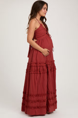 Rust Ruffle Ruched Deep V-Neck Maternity Maxi Dress