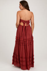 Rust Ruffle Ruched Deep V-Neck Maternity Maxi Dress