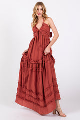 Rust Ruffle Ruched Deep V-Neck Maternity Maxi Dress