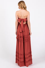 Rust Ruffle Ruched Deep V-Neck Maxi Dress