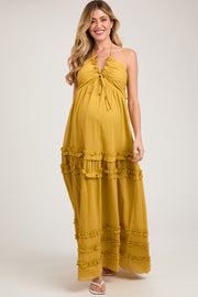 Yellow Ruffle Ruched Deep V-Neck Maternity Maxi Dress