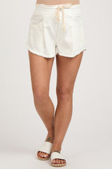 White Fringe Hem Maternity Drawstring Shorts