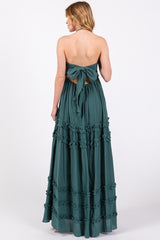 Dark Teal Ruffle Ruched Deep V-Neck Maxi Dress