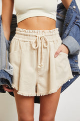 Beige Fringe Hem Drawstring Shorts