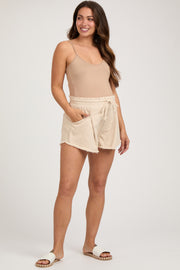 Beige Fringe Hem Maternity Drawstring Shorts