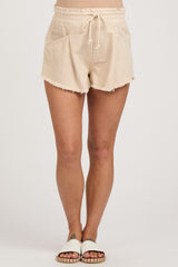 Beige Fringe Hem Maternity Drawstring Shorts