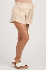 Beige Fringe Hem Maternity Drawstring Shorts