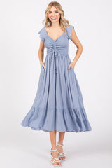 Light Blue Smocked Ruched Ruffle Hem Maternity Maxi Dress