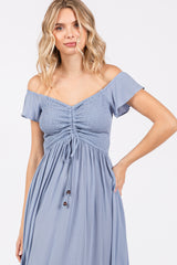 Light Blue Smocked Ruched Ruffle Hem Maxi Dress