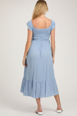 Light Blue Smocked Ruched Ruffle Hem Maternity Maxi Dress