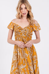 Yellow Tropical Print Smocked Short Sleeve Maxi Dress