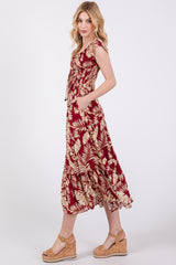 Burgundy Tropical Print Smocked Short Sleeve Maxi Dress